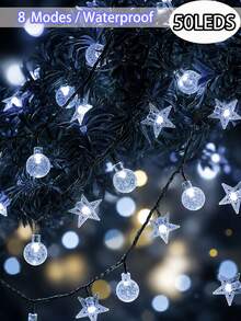 太陽能戶外燈串 5m 20leds/7m 50leds/12m 100leds 水晶球與星星花園燈串，8種模式防水仙女燈，適用於露台、庭院、圍欄、樹木、陽台、露營裝飾，聖誕節、情人節、萬聖節、節日送禮燈 - 太陽能燈串 - 查看 20