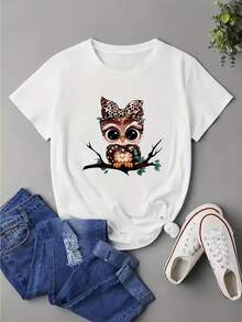 New Arrival,Women's Regular Size Owl Graphic T-Shirt - Short Sleeve, Crew Neck, Casual Summer Top With Leopard Print Bow Detail,Best Gift For You - White - View 1