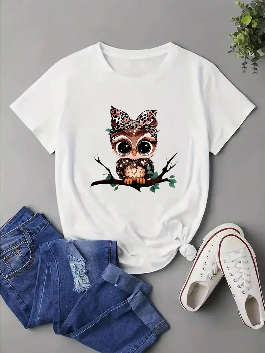 New Arrival,Women's Regular Size Owl Graphic T-Shirt - Short Sleeve, Crew Neck, Casual Summer Top With Leopard Print Bow Detail,Best Gift For You - White - View 1