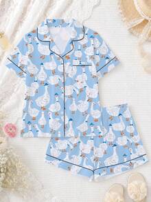 2 pezzi Set pigiama da donna, stampa a paperelle, abbigliamento da casa, outfit primaverile/estivo, top a maniche corte con bavero e pantaloncini, abbigliamento da relax - Blu - Visualizzare 1