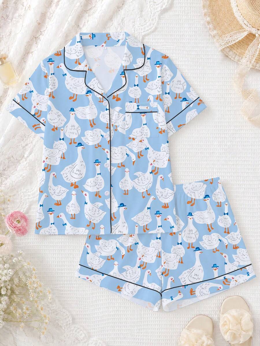 2 pezzi Set pigiama da donna, stampa a paperelle, abbigliamento da casa, outfit primaverile/estivo, top a maniche corte con bavero e pantaloncini, abbigliamento da relax - Blu - Visualizzare 1