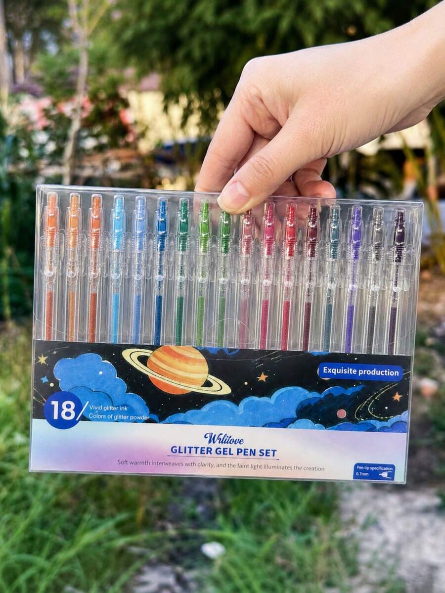 Wrritove 12/18/36pcs Retractable Glitter Gel Pens Set, 0.7mm Fine Point Smooth Writing Sparkle Ink, Assorted Color Click Pens For Journaling, Scrapbooking, Planner Notes, Bullet Journal, Greeting Cards, School Office Supplies, DIY Decoration - Deep Starlight 12 Colors - View 1