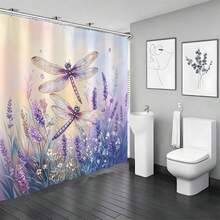 1 Stück Aquarell Lavendel Libelle Mehrgrößen Muster Duschvorhang Geeignet für Badezimmer Dekoration, Badezimmer Vorhang Leicht zu reinigen, exquisite Heimdekoration, Badezimmer Trennvorhang, dekorativer Duschvorhang, Badezimmer Zubehör Heimdekoration Geschenk inklusive 12 Haken - Verschiedenfarbig - Übersicht 2