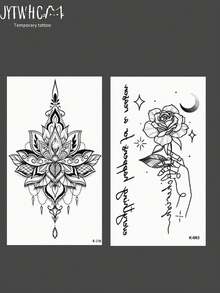2Pcs Sketch Henna Temporary Tattoos With Hand-Held Rose Patterns. Non-Reflective, Lifelike Tattoo Effect. Fit Arms, Back And Spine. Ideal For Daily Use, Lasts 3-5 Days. - Black - View 4