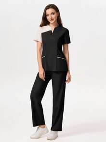 TaskEZ Conjunto de uniforme de pijamaédico con Top de manga corta cuello en V y pantalones a contraste - Negro - Ver 1