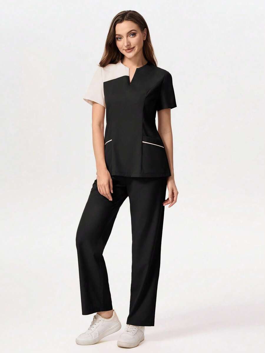TaskEZ Conjunto de uniforme de pijamaédico con Top de manga corta cuello en V y pantalones a contraste - Negro - Ver 1