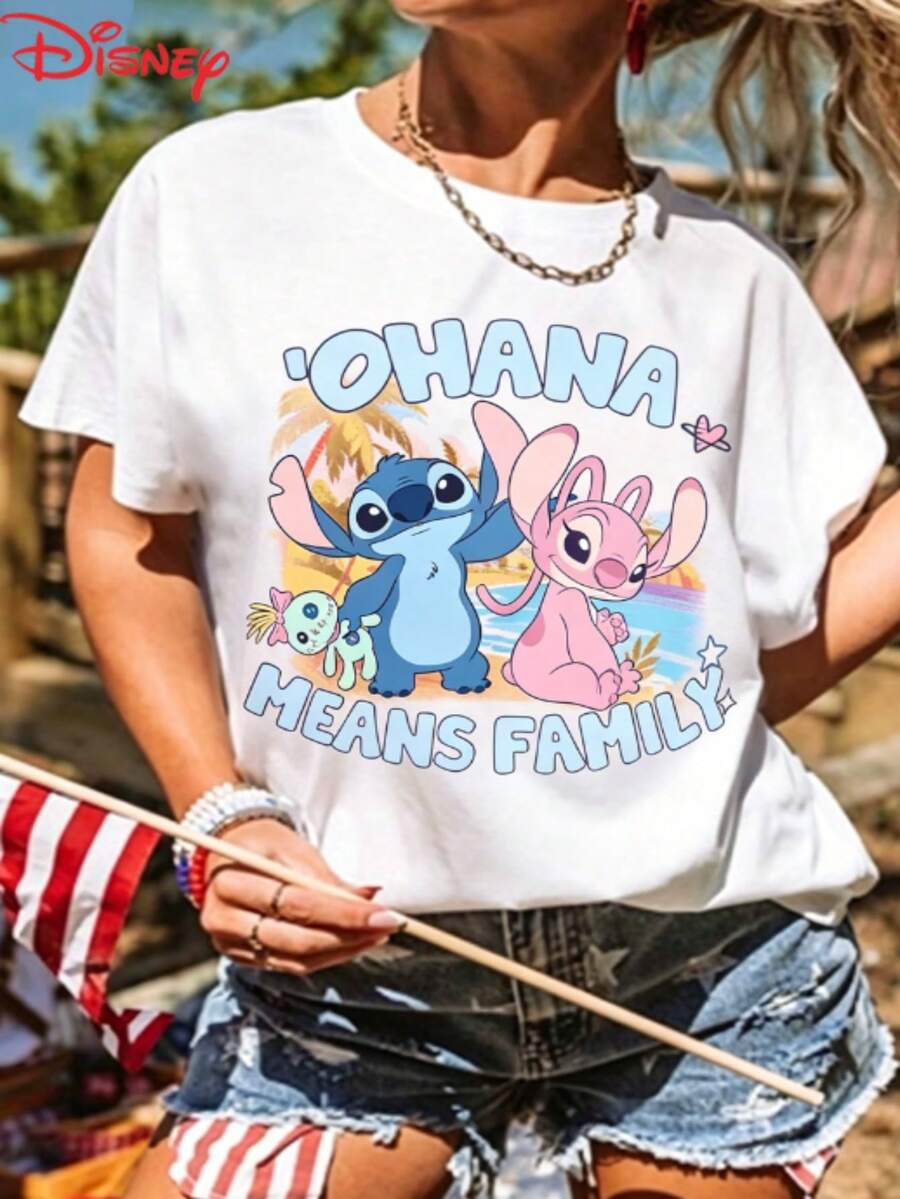 Disney Brand Summer Women's Dress Women's Lilo & Stitch Ohana Means Family Graphic Tee Casual Short Sleeve Round Neck, Cute Knitted Fabric Top - 白色 - 查看 1