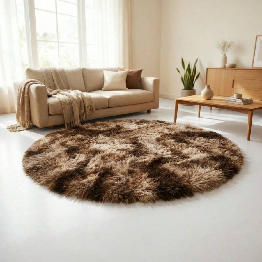 Tapete Alfombra Peludo Suave Circular Varios Colores 120 Cm Diámetro - Marrón - Ver 1