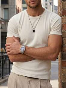 Men's Casual Slim Fit T-Shirt, Basic Dressy Style - 米白色 - 查看 1