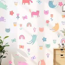 1set Watercolor Wall Stickers Featuring Cats, Butterflies, And Flowers, Self-Adhesive Paper, Suitable For Home Decoration, Room Decoration, And Wall Decoration, Made Of Waterproof PVC Material, Removable - Self-adhesive - View 6