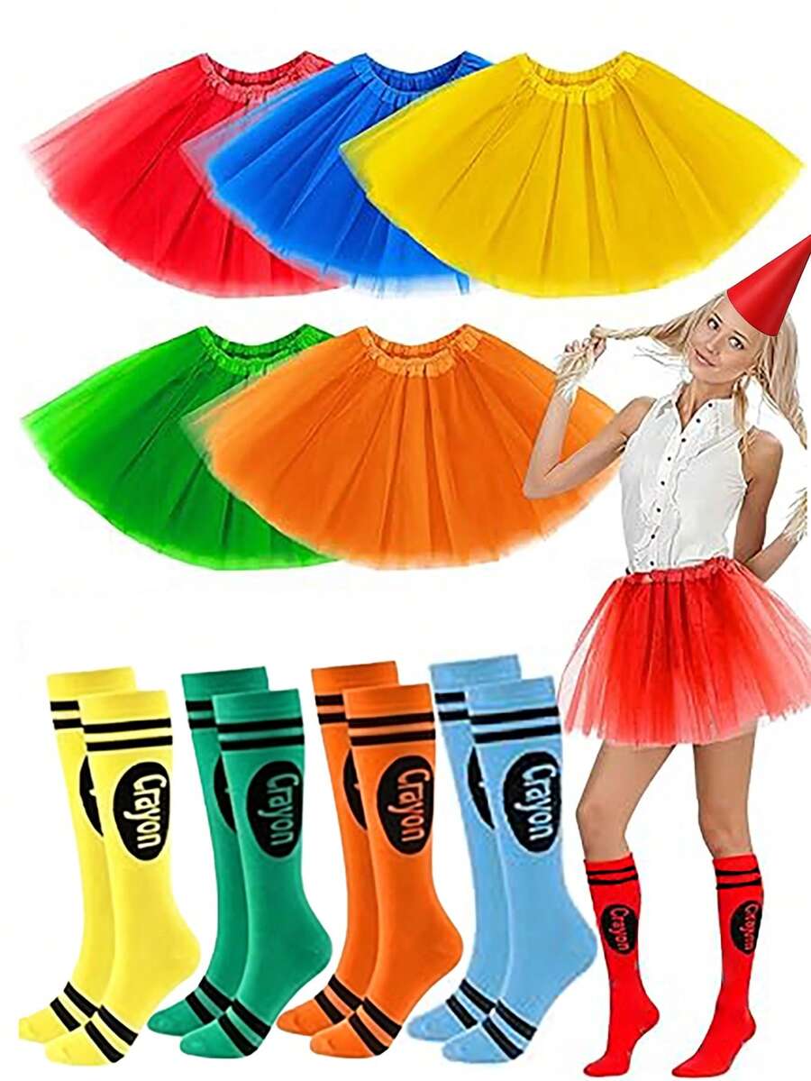Colorful Puff Skirt Paired With Socks And A Dwarf Conical Hat Set, Suitable For Adult Costume Parties, Halloween, Christmas And Carnival Role-Playing. - Multicolor - View 1