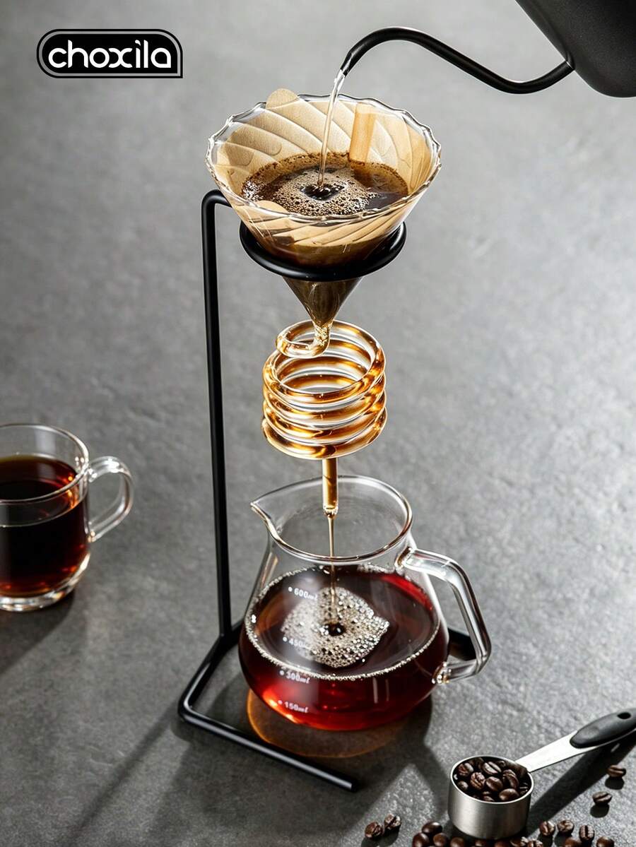 choxila 1 buah Teko Kopi Tuang Vintage dengan Pegangan, Alas Logam, Cangkir Saringan Tetes, dan Dudukan Cangkir Kaca, Gaya Universal - Tempat gelas penyaring - View 1