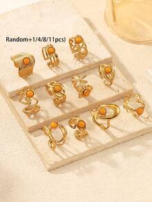 1/4/8/11pcs 304 Stainless Steel 18K Gold Plated Open Ring Set, Oval, Round, Heart, Starfish, Shell, Lips, Eyes Multi- Design Inlaid With Yellow Gemstones, Adjustable Open Band, Versatile For Women, Suitable For Daily, Commute, Date, Layering Wear (Random Assorted Styles), Also Available As A Complete Set - Yellow Gold - View 4