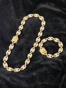 قطعة واحدة سوار + قلادة بتصميم سلسلة سميكة لامعة 15 مم مرصعة بالراين ستون، مناسبة للارتداء اليومي وزينة الحفلات - مجموعة قلادات الهيب هوب - مشاهدة 17