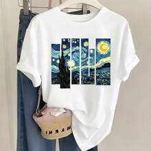 Camiseta de 1 pieza para mujer, de moda, con estampado artístico de La noche estrellada de Van Gogh, cuello redondo y manga ccomndota, casual y cómoda - Blanco - Ver 1