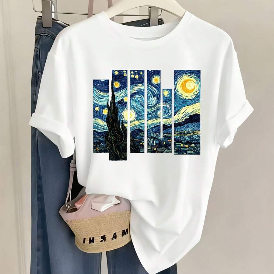Camiseta de 1 pieza para mujer, de moda, con estampado artístico de La noche estrellada de Van Gogh, cuello redondo y manga ccomndota, casual y cómoda - Blanco - Ver 1