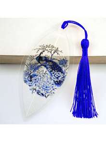 1pc Blue And White Porcelain Style Leaf Vein Bookmark With Tassel, Chinese Ink Art Peony And Peacock Pattern, Handmade Natural Leaf Bookmark, Ideal Gift For Readers And Students - View 12