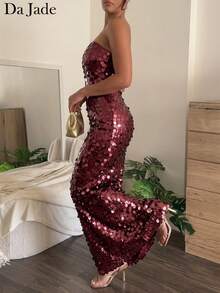 Robe longue sirène élégante pour femme, rouge bordeaux à sequins, bretelles spaghetti, encolure droite, coupe slim, robe de soirée adaptée pour dîner et invitée de mariage - Rouge foncé - Voir 2