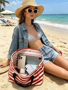 Striped Canvas Bag With Colorful Fruit Pattern, Large Capacity Beach Bag, Striped Travel Tote Bag Suitable For Beach, Pool, Vacation And Daily Use, Can Store Swimwear, Towels, Sunscreen And Beach Essentials, Suitable For Women, Girls, Travelers And Beach Lovers, Perfect For Summer Vacation, Birthday And Holiday Gifts, Can Be Used As Beach Bag, Pool Bag, Vacation Bag And Travel Storage Bag - Multicolor - View 7
