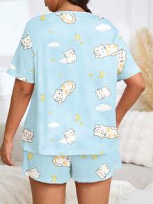 Sweet Healing Style Plus Size Women's Summer Cute Cat & Cloud Round Neck Short Sleeve T-Shirt & Shorts 2-Piece Set, Girly Plus Size Loungewear - Baby Blue - View 2