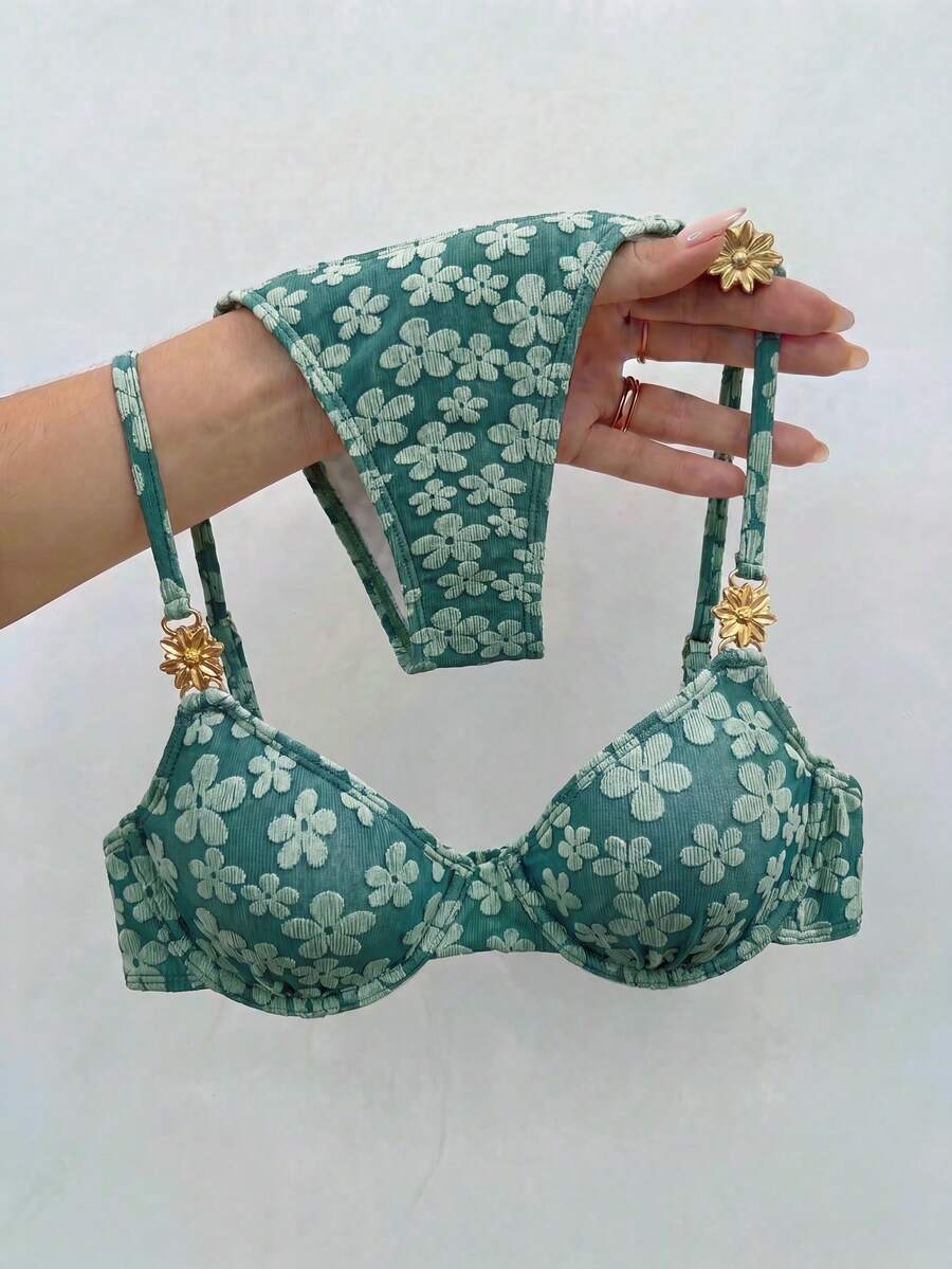 Bikinx 女款花卉紋理布料比基尼套裝，細肩帶鋼圈綁帶露背比基尼套裝，金色花卉裝飾夏季款 - 墨綠色 - 查看 1