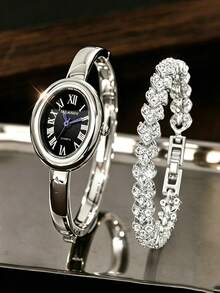 2PCS Fashion Versatile Women's Quartz Watch Bracelet Set, Simple Oval Dial, Classic Fashion Non-Adjustable Strap, Paired With Rhinestone Bracelet, Perfect Gift For Holidays, Packaging Box Not Included - Silver - View 7