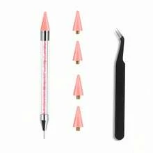 LANDOT Kaychan1 Rhinestone Applicator Tool - Acrylic Handle Dual-Ended Wax Pen DIY Nail Art Tool With 4 Extra Wax Tips 1 Tweezer (White) - Pink - View 1