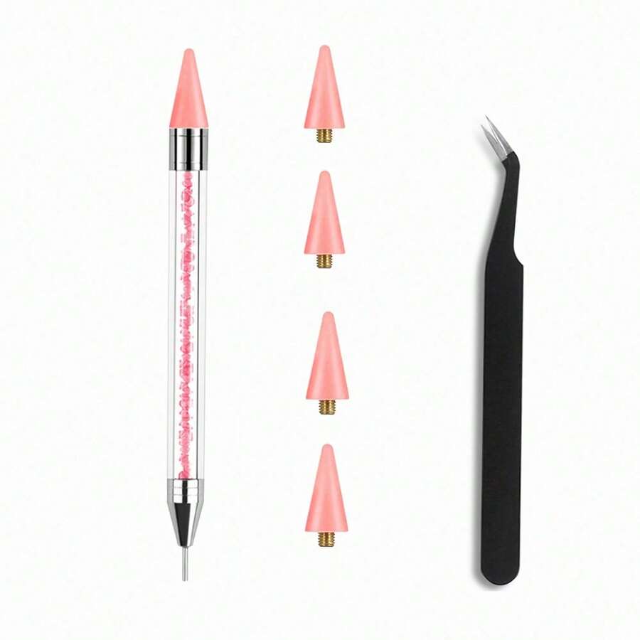 LANDOT Kaychan1 Rhinestone Applicator Tool - Acrylic Handle Dual-Ended Wax Pen DIY Nail Art Tool With 4 Extra Wax Tips 1 Tweezer (White) - Pink - View 1