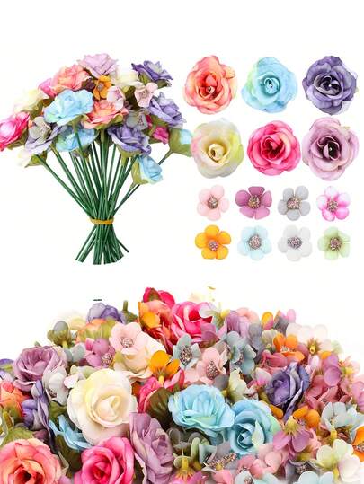 Set Buket Bunga Buatan Campuran Warna 50/100 PCS, dengan Batang, Rangkaian Bunga Dekoratif Tiruan, Cocok untuk Dekorasi Pernikahan, Dekorasi Ruangan, Dekorasi Dinding Meja, Dekorasi Rumah, Dekorasi Kue DIY, Ulang Tahun, Hadiah Liburan