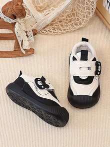 1 Pair Cute Bear Baby Walking Shoes, Black & White Color Block Soft Sole Anti-Slip Hook & Loop Functional Shoes, Suitable For Spring & Autumn - Black - View 6