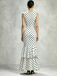 Robe à ourlet sirène à pois 2026, col en V sans manches, imprimé floral rétro, élégance française, esthétique vintage des années 90, robe de cocktail pour vacances d'été - Blanc - Voir 3