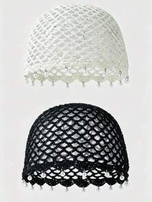 1pc Women's Fashion Lightweight Hollow Pearl Pendant Beaded Knit Hat, Suitable For Boho Beach Outings And Daily Wear - A - View 29
