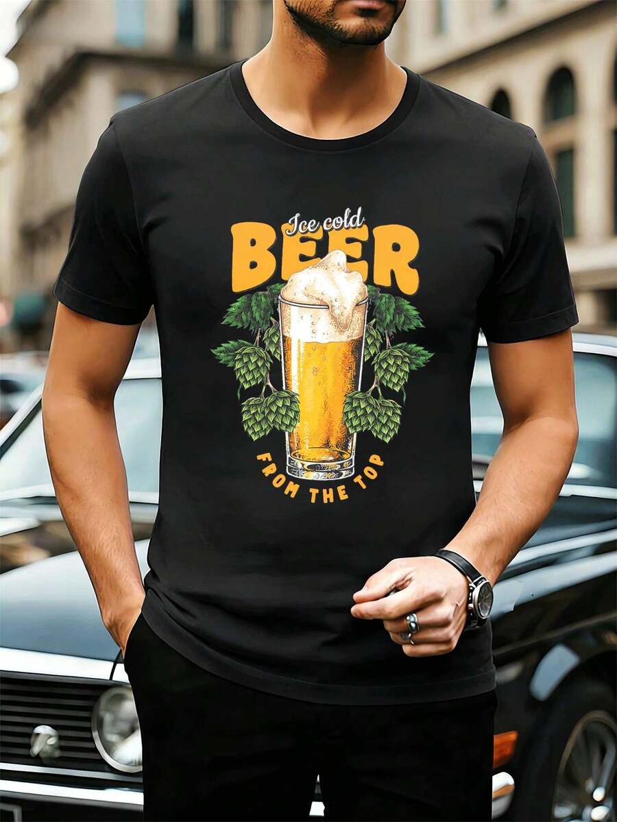 Herren-Sommer-T-Shirt mit Bier-Motiv, Weiche Baumwolle, bequeme Passform, l?ssig, komfortabel, einzigartiger Grafikdruck - Svart - Visa 1