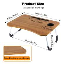 Laptop Bed Table With Foldable Legs – Height Adjustable Bed Tray With Cup Holder & Phone Slot, Portable Notebook Stand For Sofa, Bed, Floor - Walnut Wood - View 2