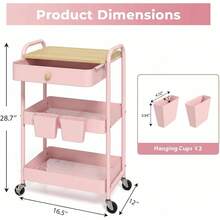 3 Tier Rolling Cart Metal Utility Cart With Wooden Table Top Drawer Hanging Cups Storage Cart For Kitchen Bathroom Office - Pink - View 2