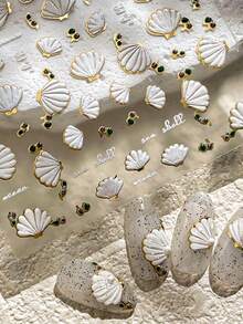 1 Sheet 5D Embossed Seashell Nail Stickers, Golden Foil Edge Green Rhinestone Summer Sea Shell Nail Art Decals Ocean Theme Self-Adhesive DIY Manicure Decorations - Multicolor - View 5