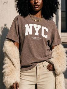 Acid Wash Regular Fit Short Sleeve T-Shirt, Coffee Color Vintage Heavyweight Washed Street Style Top Casual Summer - Mocha Brown - View 3