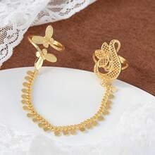 1pc Elegant Gold Butterfly & Swan Design Double Finger Ring With Tassel Coin Chain, Women's Daily Wear Ring, Also Suitable As Valentine's Day Gift - Gold - View 2
