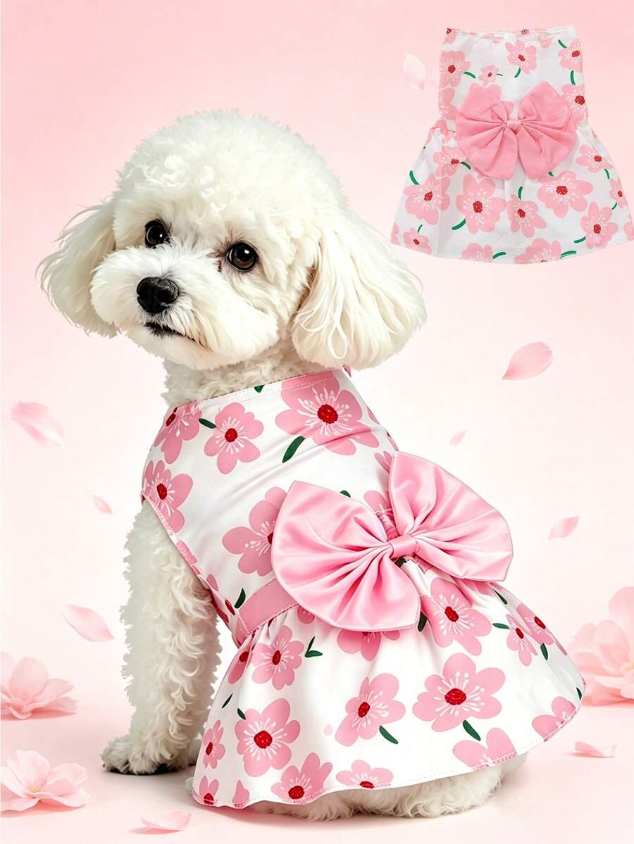 1pc Pink Cherry Blossom Print Dog Dress, Large Bow Decor Sleeveless Pet Dress, Soft Breathable Puppy Princess Outfit, Summer Cute Small And Medium Dog Clothes, Suitable For Bichon Poodle Daily Wear - Pink - View 1
