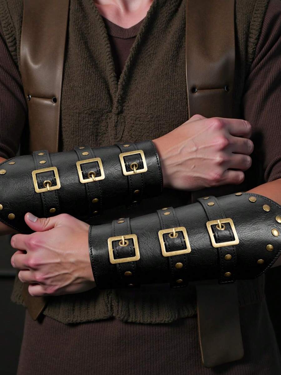 2pcs Medieval Renaissance Style Faux Leather Bracers, Vintage Viking Style Arm Guards With Adjustable Buckles, LARP Costume Props - A - View 1