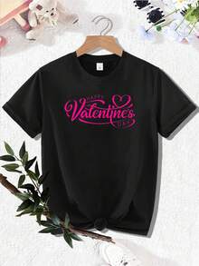 [Casual Wear] Happy Valentine's Day" Women's White T-Shirt - Pink Lettering, Short Sleeve Crew Neck, Casual Polyester Top, Machine Washable, Perfect for Spring/Summer Tee For adult, Men, Women, Teen, Teenager, adolescent, Youth - Schwarz - Übersicht 2