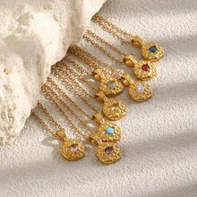 S SHOPBOHO 1pc 18K Gold Plated Stainless Steel Birthstone Pendant Necklace, Hammered Texture Coin Pendant, Personalized Birthday Gift Jewelry For Her - Birthstone - View 5