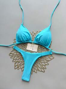 2Pcs Heart Beach Casual Cute Elegant Sexy Bohemian Braided Lace-Up Bikini Swimwear For Beach Vacation Spring Summer, Euro Summer - Baby Blue - View 3