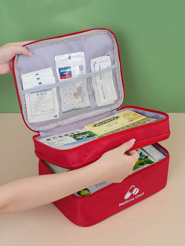 1pc Red Portable Double-Layer First Aid Kit, Epidemic Prevention And Health Kit, Home Life Rescue Kit, Outdoor Emergency Epidemic Prevention And Storage Bag