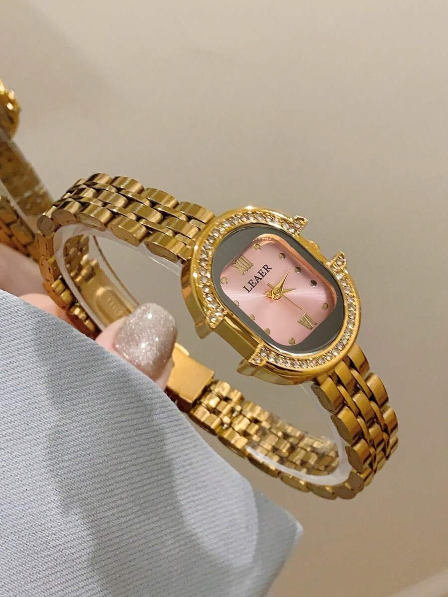1件女款手錶錶帶,方形小錶盤鑲鑽裝飾,優雅百搭精準石英手錶,適合日常配戴 - 金色 - 查看 1