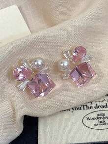 1 Pair French Elegant Unique High-End Sweet Exquisite Faux Pearl Design Glass Inlaid Fashion Stud Earrings Suitable For Women's Daily Commute, Date, Party, Gathering, Holiday Wear - Pink - View 3