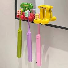 2pcs Self-Adhesive Wall-Mounted Banana & Cherry Shaped Toothbrush Holder, No Drilling Required, Suitable For Electric/Regular Toothbrushes, Self-Adhesive Bathroom Storage Rack, Banana & Cherry Shaped, Space-Saving, Suitable For Renters, Suitable For 4-Person Family, Bathroom Storage - Multicolor - View 5