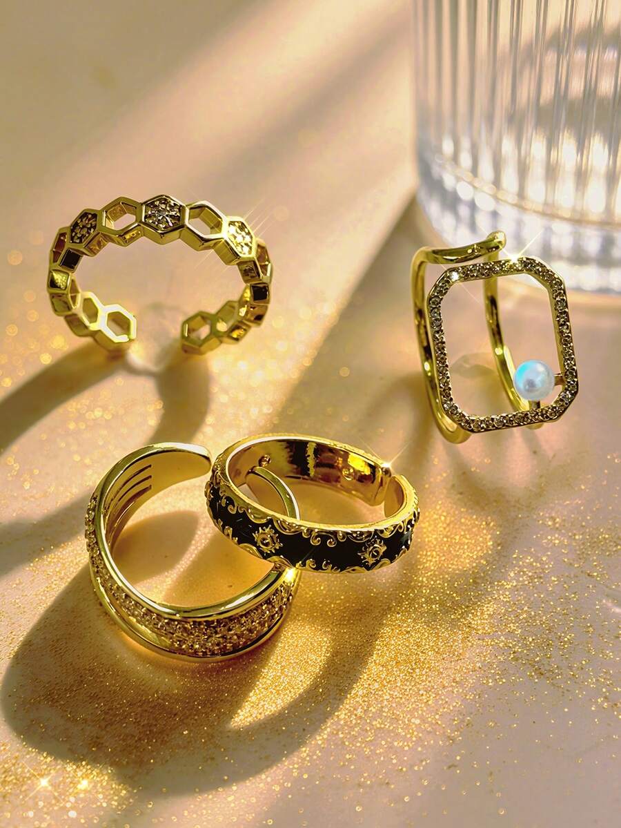 4 Buah Cincin Wanita Emas Berbentuk Persegi Geometris dengan Mutiara & Enamel Biru – Minimalis, Kilauan CZ yang Dapat Disesuaikan, Dapat Ditumpuk/Sendiri, Hadiah/Sehari-hari, Perhiasan Liburan Musim Panas yang Menarik - Emas - View 1