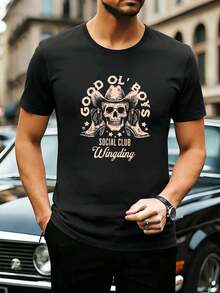 Vintage Cowboy Grafik Herren T-Shirt Frühling, Rundhalsausschnitt, Lockere Passform, Street Hip-Hop, Komfortpassform, Grafikdesign - 黑色 - 查看 1