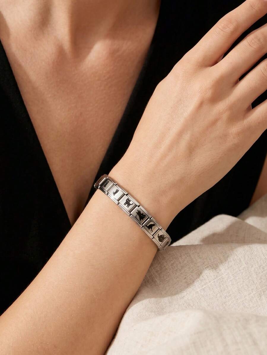 Cat Silhouette Modular Bracelet, Stainless Steel Detachable Design, Hypoallergenic And Non-Fading, Niche Ins Style Fun Cat Bangle - Mk18 - View 1